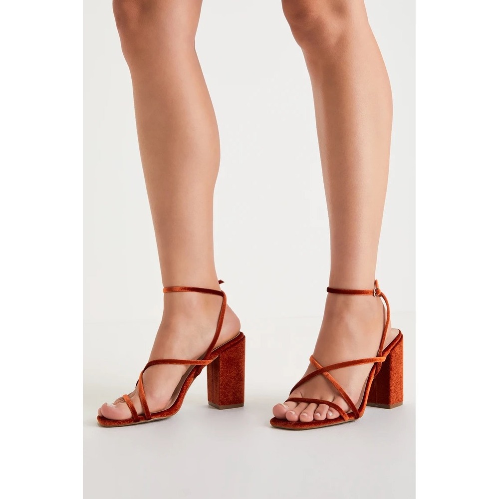 Lulu's‎ Munro Rust Velvet Strappy Square Toe Ankle High Heel Sandals Boho | 6.5